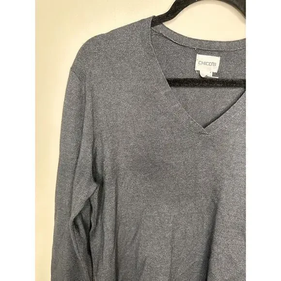 Chicos Sweater Womens 3 (XL 16) Gray Rayon V Neck Long‎ Sleeve Luxe Knit - Picture 2 of 14